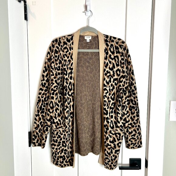 J. Crew Chunky Leopard Print Open Front Tan Black Long Cardigan Cotton Medium - Picture 3 of 7